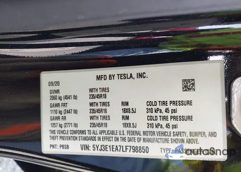 2020 Tesla Model 3 Standard Range Plus Rear-Wheel Drive/Standard Range Rear-Wheel Drive из США, поврежденный, VIN 5YJ3E1EA7LF798850